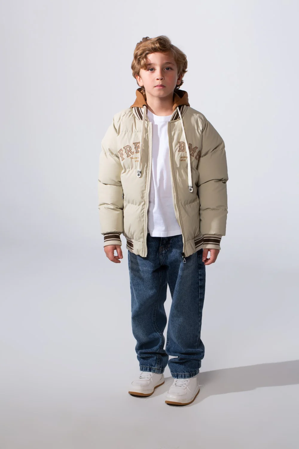 Boy's Long Sleeve Baseball Style Collar Chest Printed With Side Pockets Hooded Puffer Waterproof Thermal Jacket - Image 3