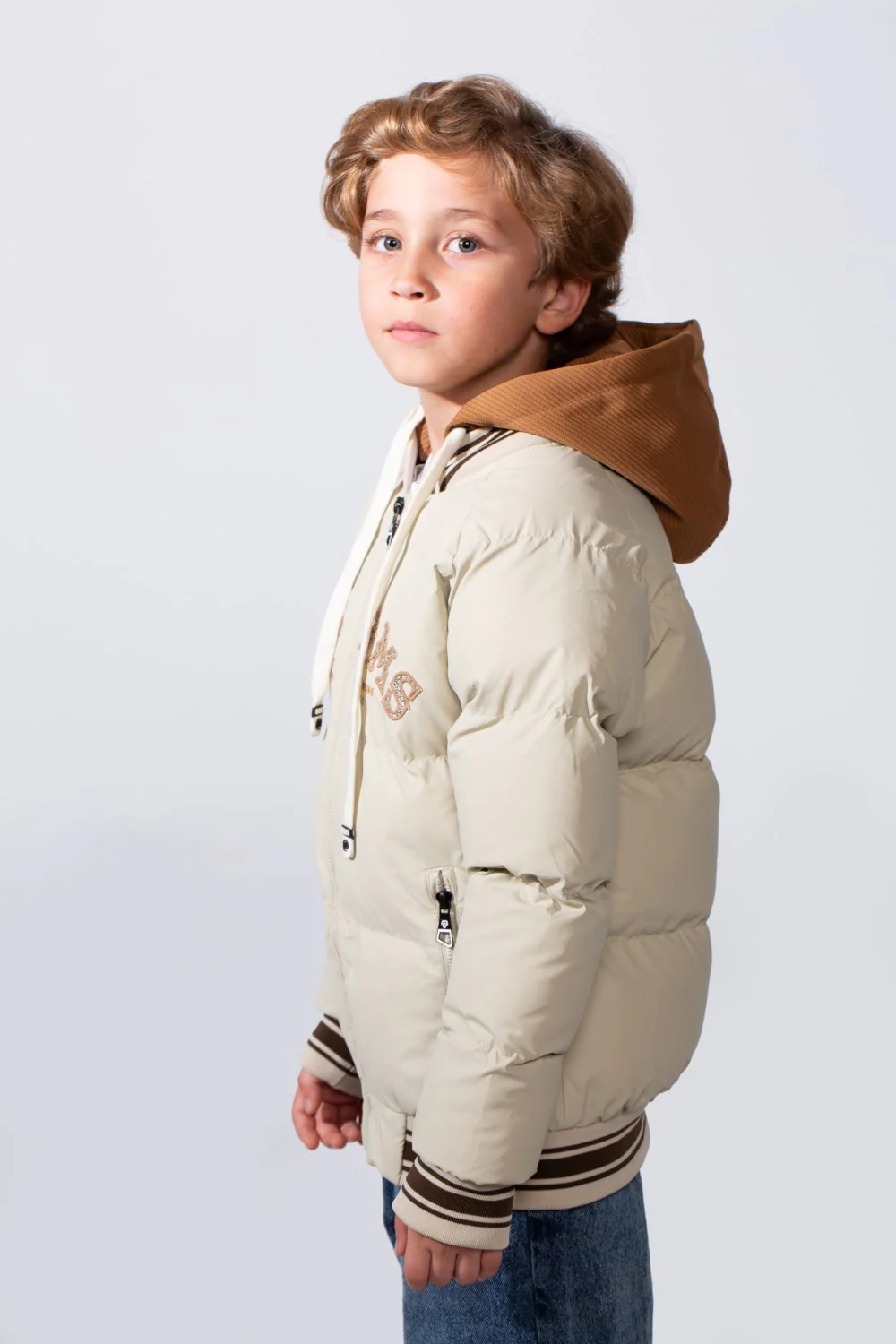 Boy's Long Sleeve Baseball Style Collar Chest Printed With Side Pockets Hooded Puffer Waterproof Thermal Jacket - Image 4