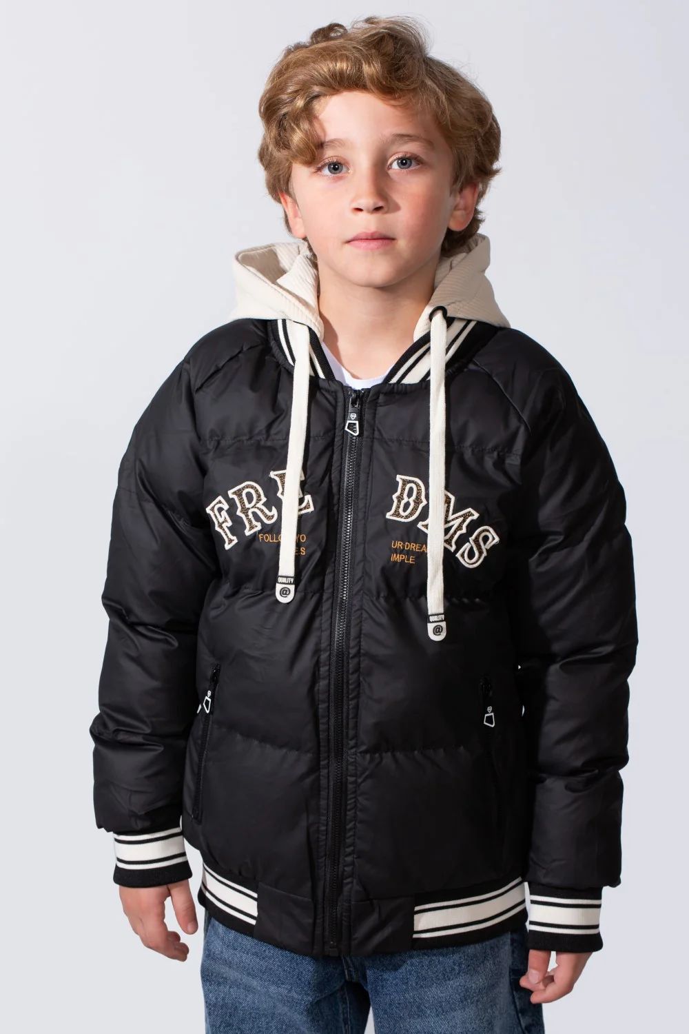 Boy's Long Sleeve Baseball Style Collar Chest Printed With Side Pockets Hooded Puffer Waterproof Thermal Jacket - Image 5