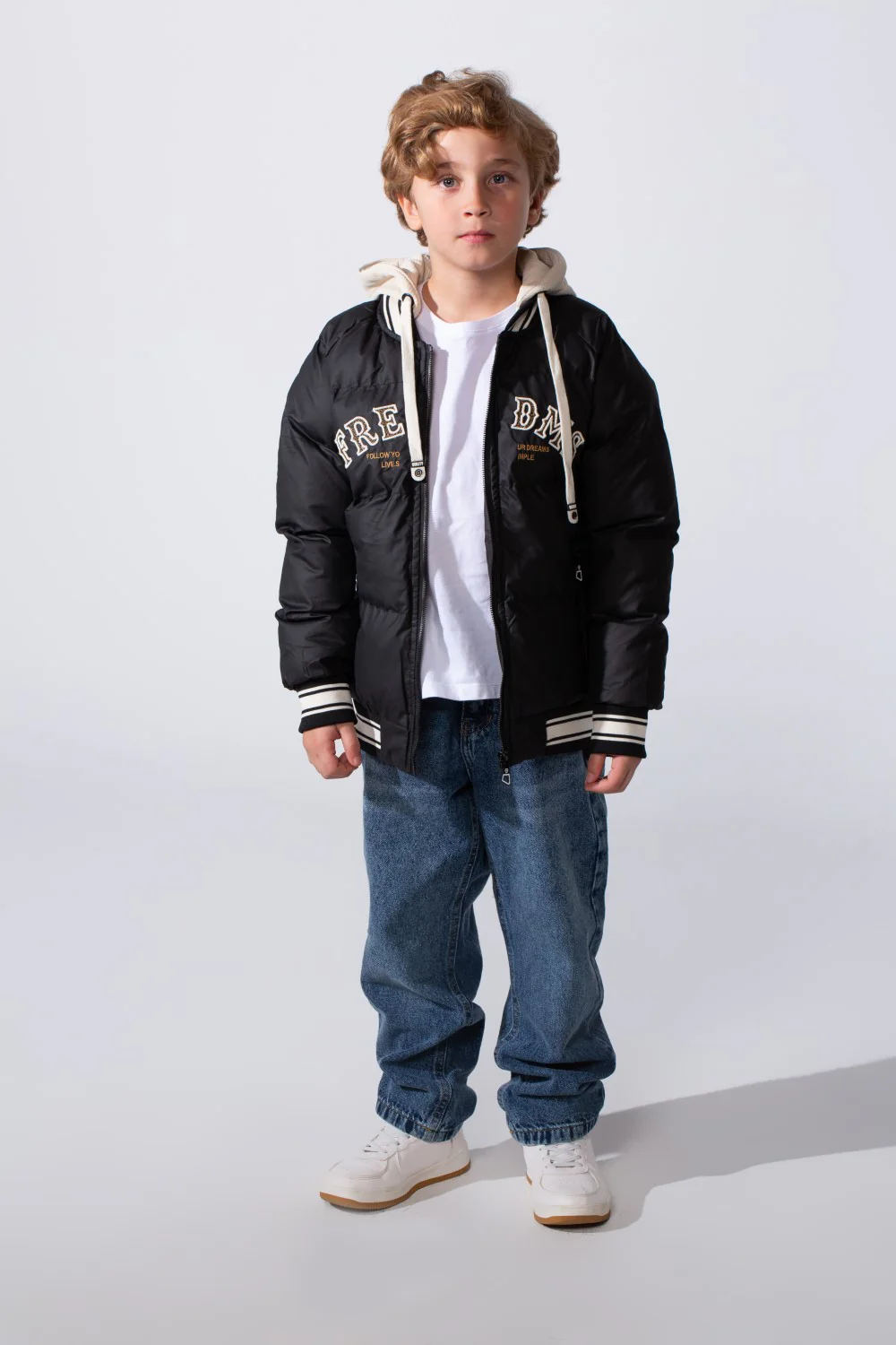 Boy's Long Sleeve Baseball Style Collar Chest Printed With Side Pockets Hooded Puffer Waterproof Thermal Jacket - Image 7