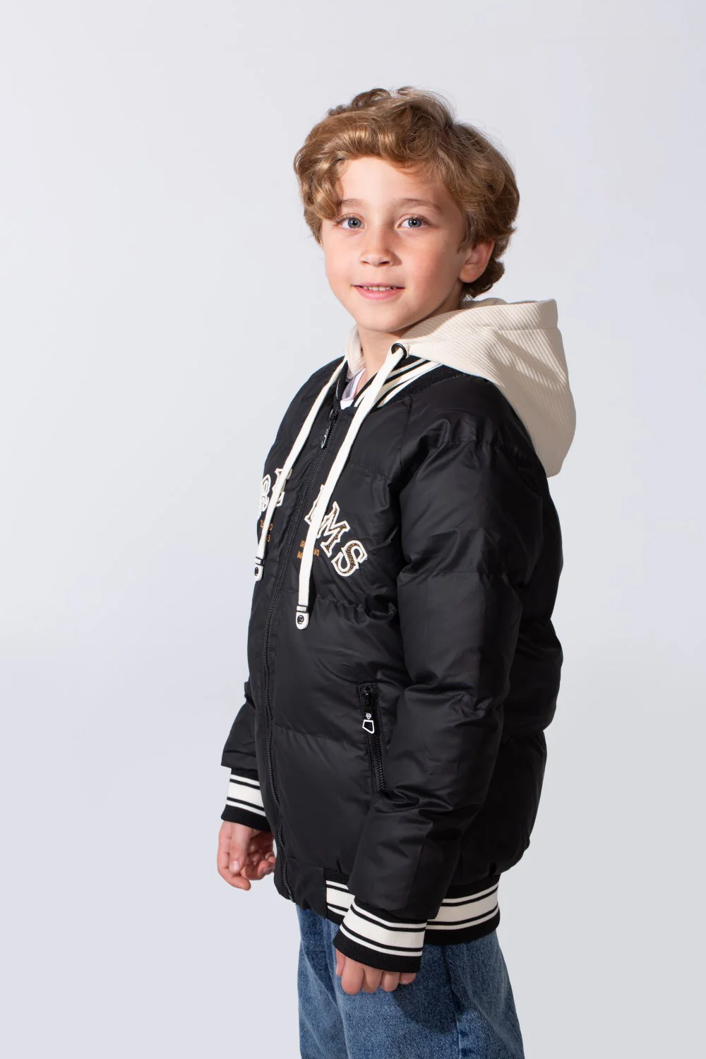 Boy's Long Sleeve Baseball Style Collar Chest Printed With Side Pockets Hooded Puffer Waterproof Thermal Jacket - Image 8
