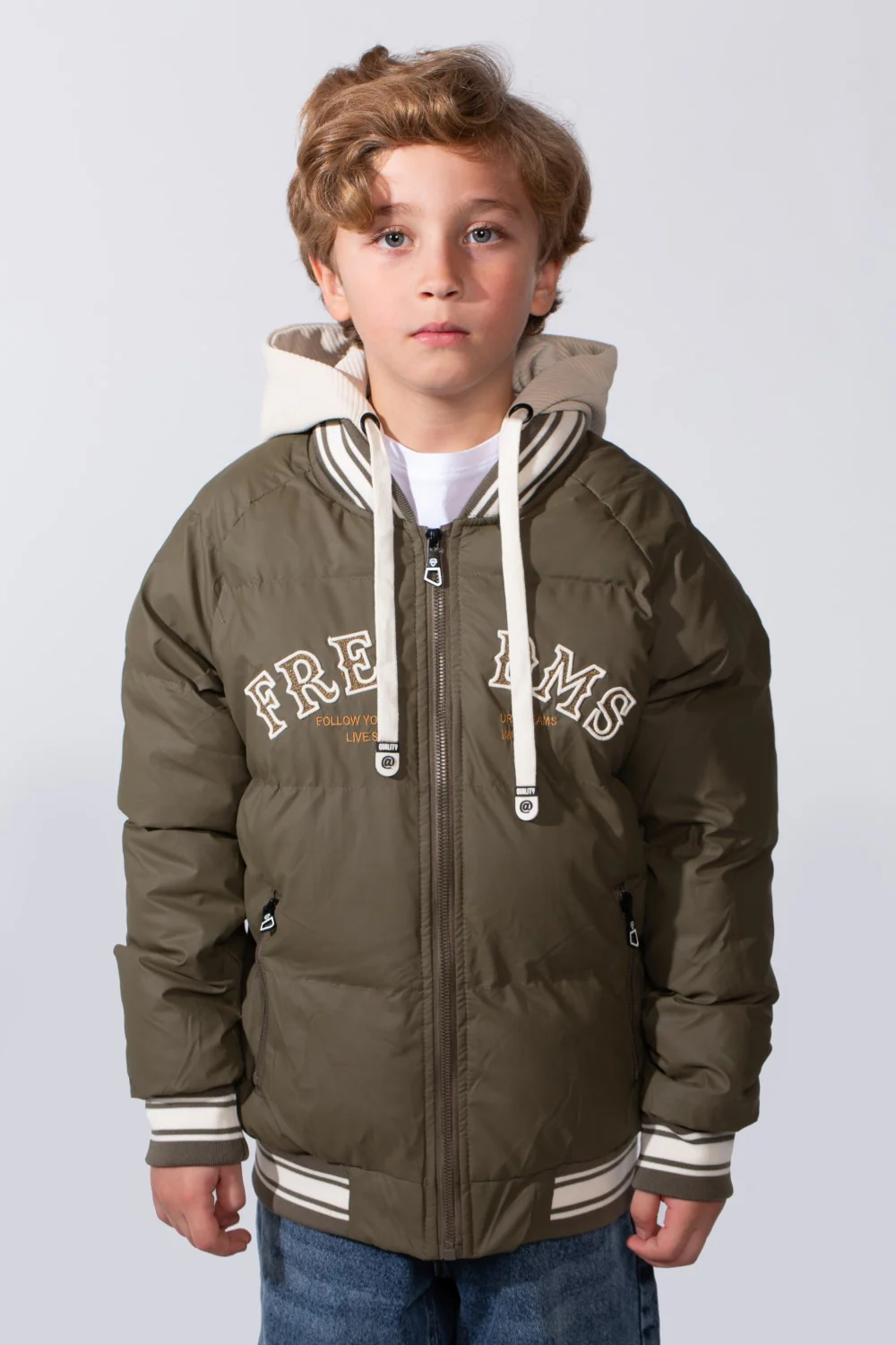 Boy's Long Sleeve Baseball Style Collar Chest Printed With Side Pockets Hooded Puffer Waterproof Thermal Jacket - Image 9