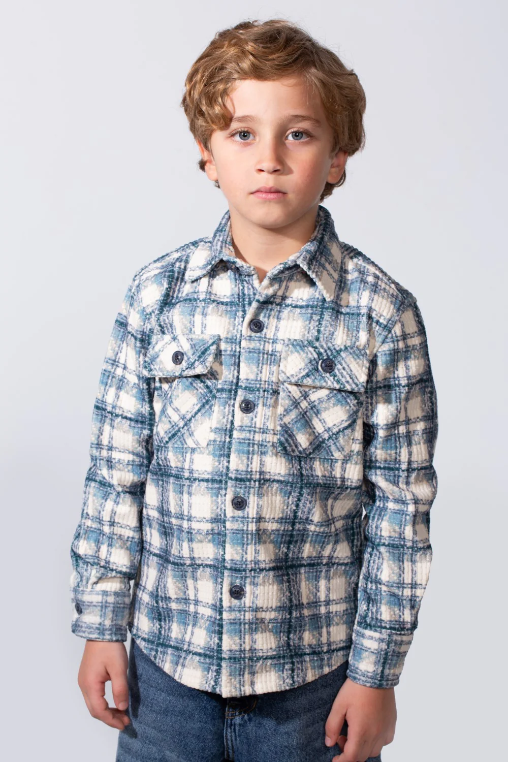 Boy's Long Sleeve Plaid Pattern With Soft Velvet Fabric Classic Button-Down Double Chest Pockets Slim Fit Shirt - Image 5