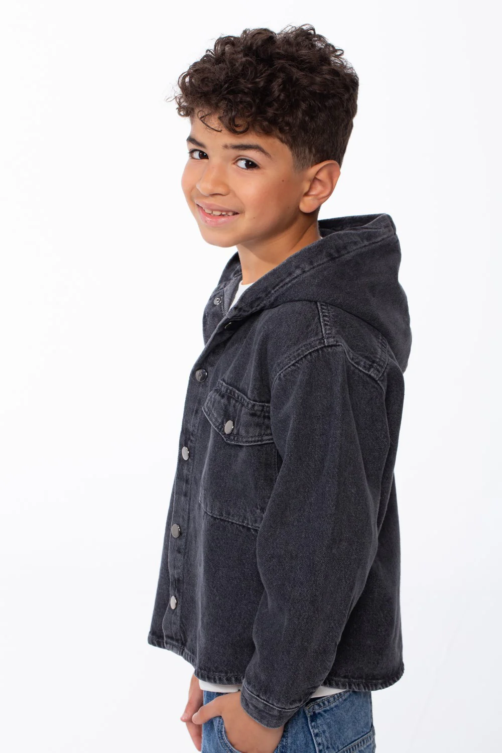 Boy's Long Sleeve Snap-Buttons With Side Flab Pocket Designed Hooded Denim Box Fit Jacket - Image 13