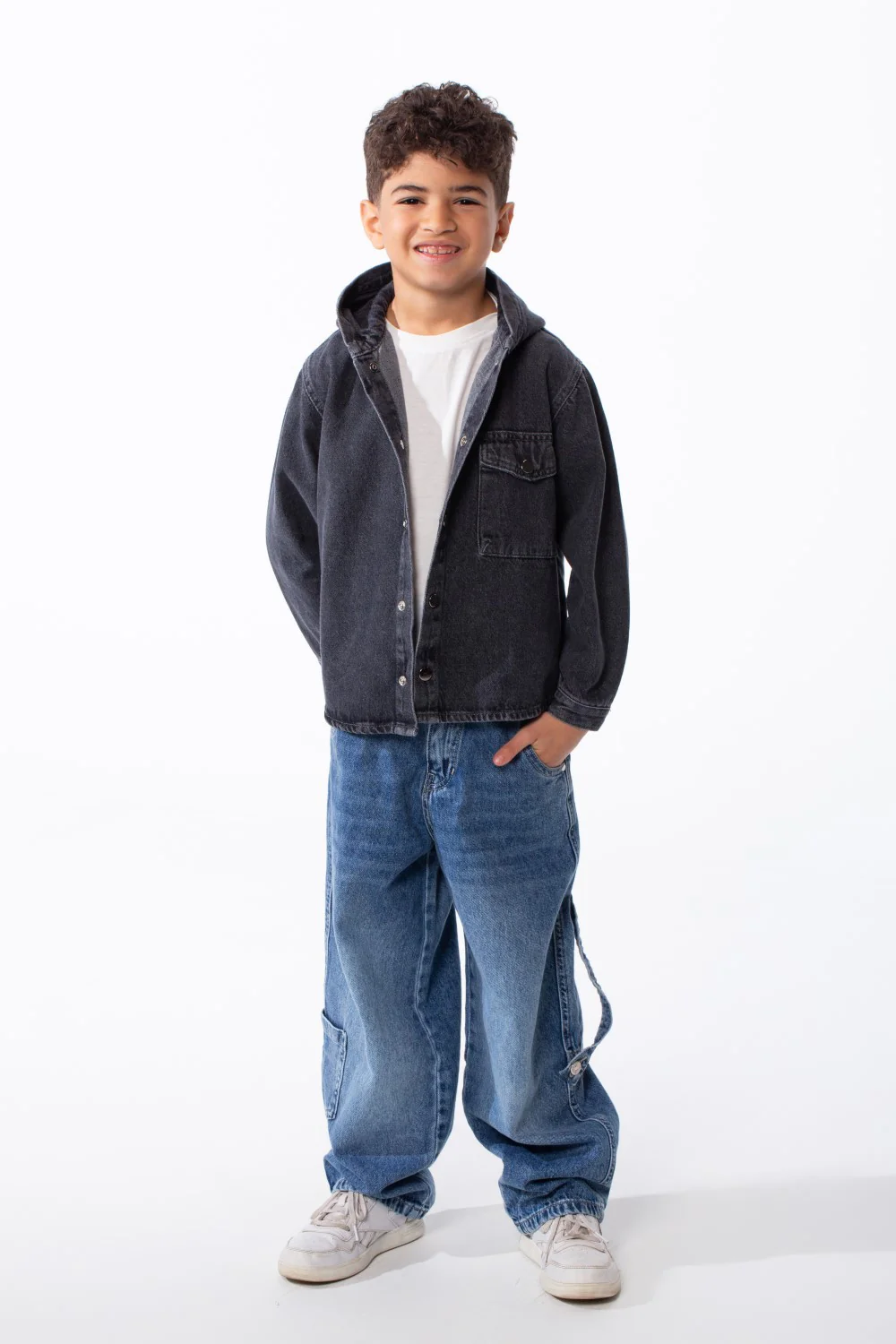 Boy's Long Sleeve Snap-Buttons With Side Flab Pocket Designed Hooded Denim Box Fit Jacket - Image 15