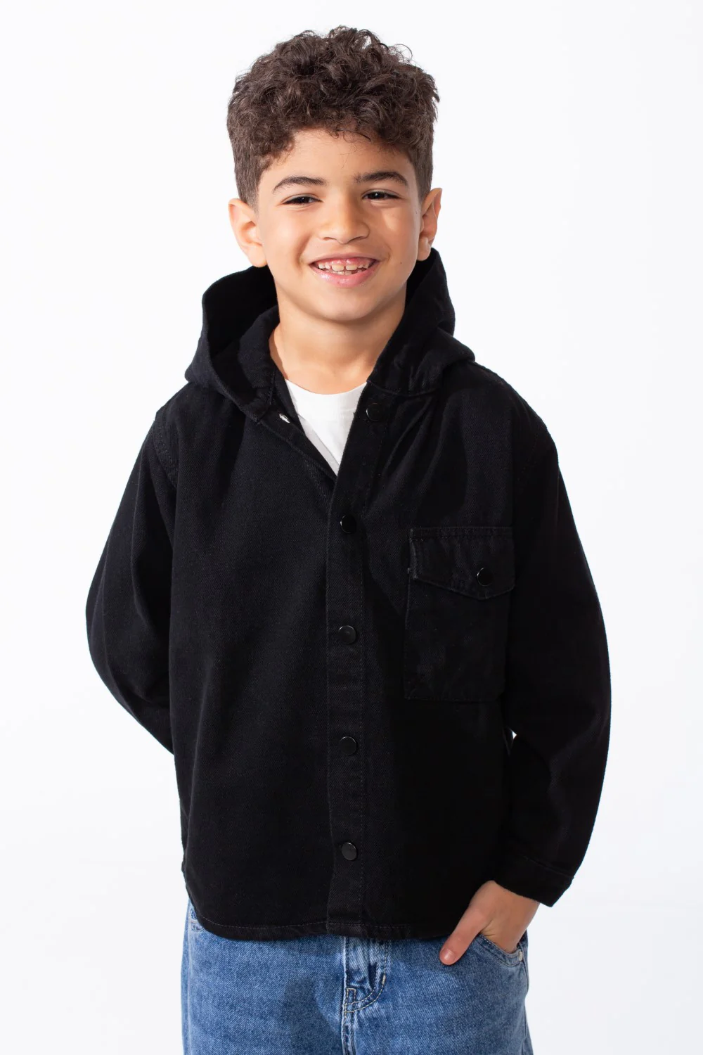 Boy's Long Sleeve Snap-Buttons With Side Flab Pocket Designed Hooded Denim Box Fit Jacket - Image 16