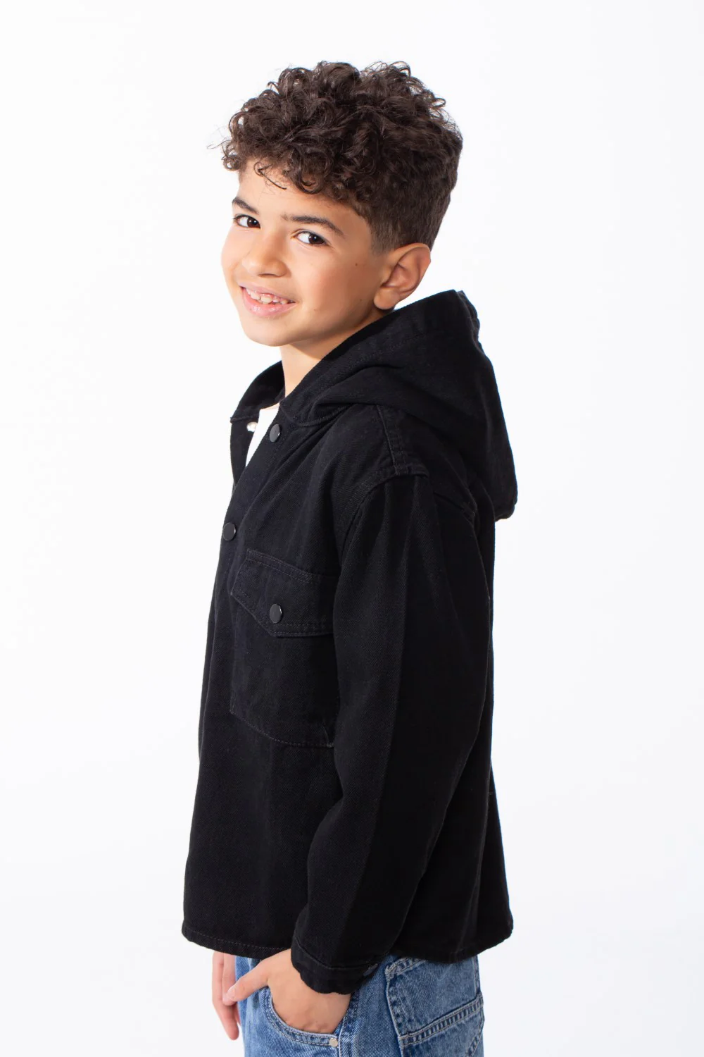 Boy's Long Sleeve Snap-Buttons With Side Flab Pocket Designed Hooded Denim Box Fit Jacket - Image 19