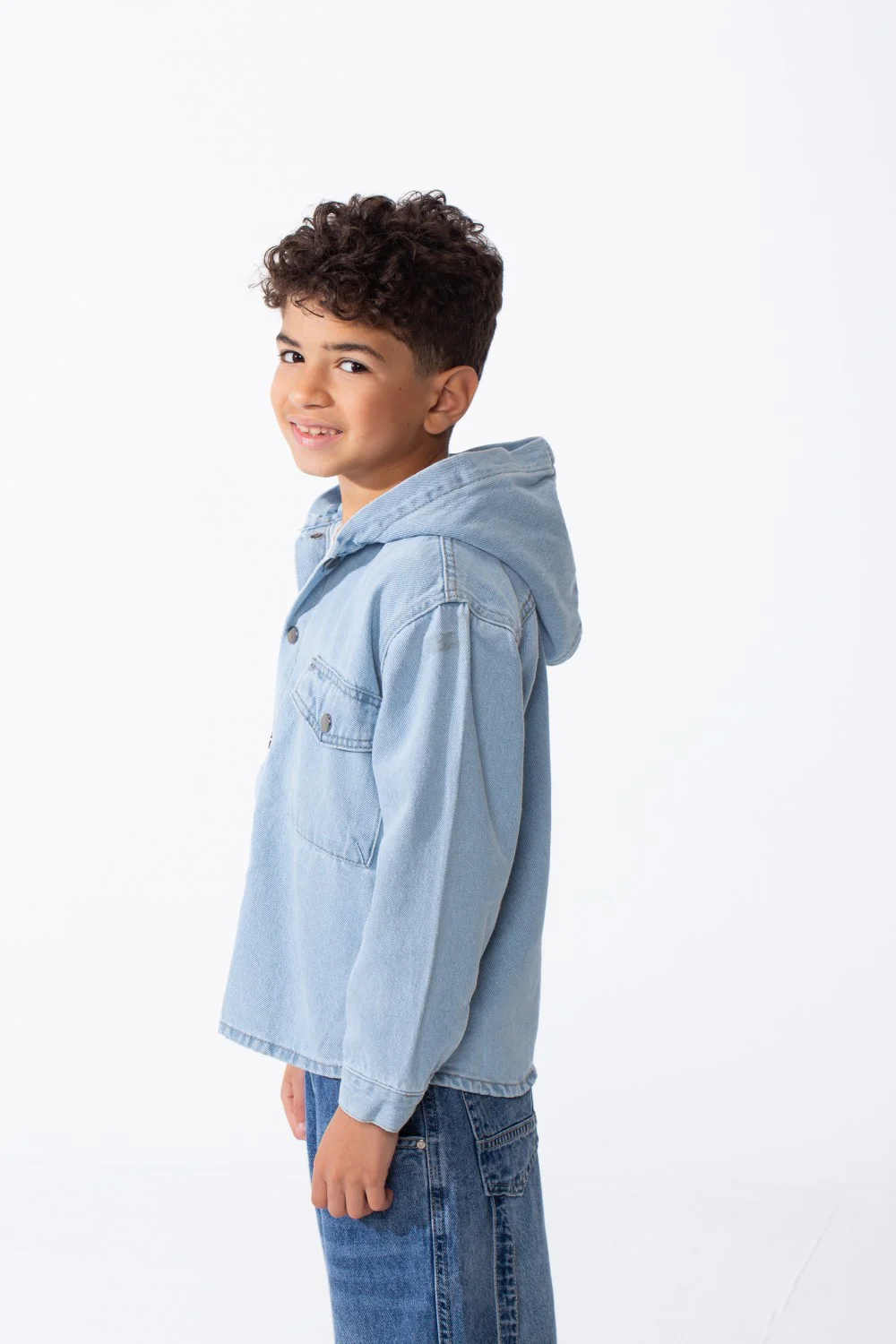 Boy's Long Sleeve Snap-Buttons With Side Flab Pocket Designed Hooded Denim Box Fit Jacket - Image 21