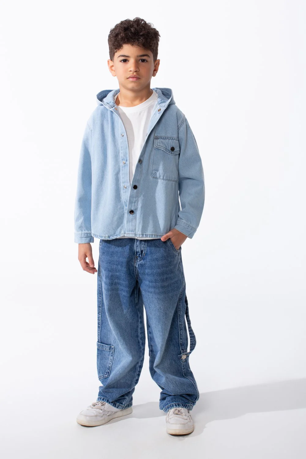 Boy's Long Sleeve Snap-Buttons With Side Flab Pocket Designed Hooded Denim Box Fit Jacket - Image 23