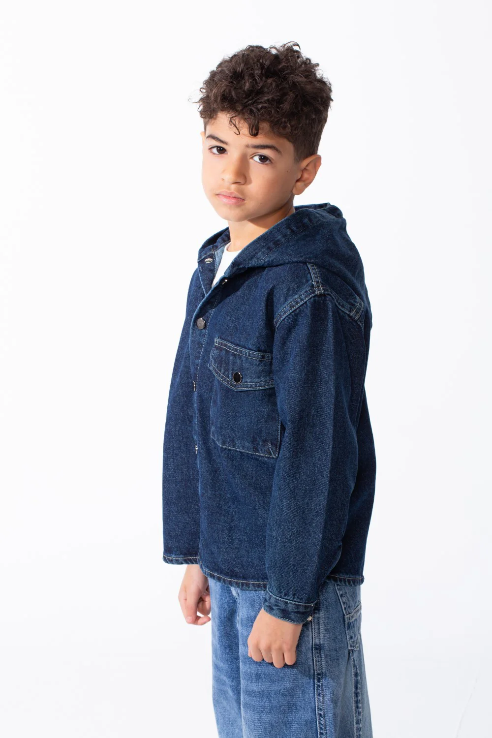 Boy's Long Sleeve Snap-Buttons With Side Flab Pocket Designed Hooded Denim Box Fit Jacket - Image 3