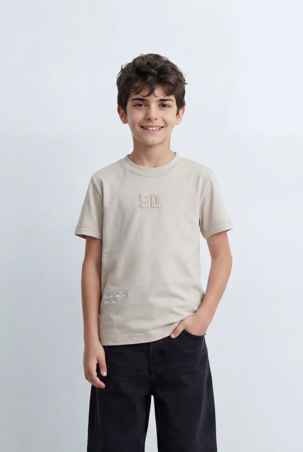Boy's Tomato Store Minimal Graphic T-Shirt Featuring Tonal 50 Chest Detail