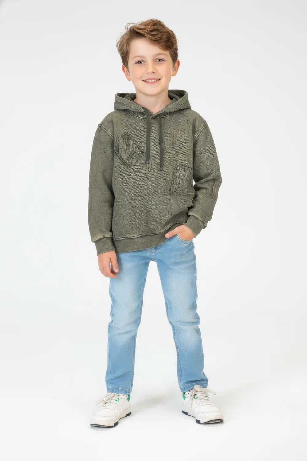 Boy's Oversized Hood Washed Print Classic Kangaroo Front Pocket Tomato Store Sweatshirt With Edge Seam Detailing - Image 11