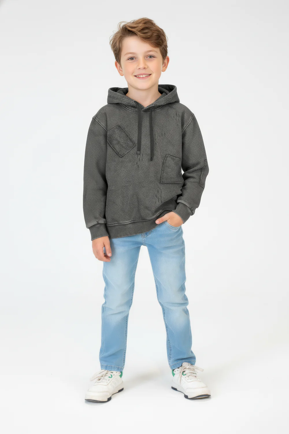 Boy's Oversized Hood Washed Print Classic Kangaroo Front Pocket Tomato Store Sweatshirt With Edge Seam Detailing - Image 7