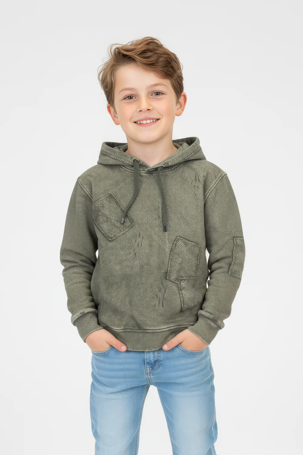 Boy's Oversized Hood Washed Print Classic Kangaroo Front Pocket Tomato Store Sweatshirt With Edge Seam Detailing - Image 9
