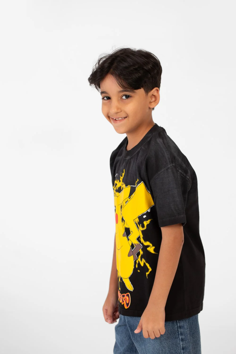 Boy's Oversized Short Sleeves Round Neck T-shirt With Front Pikachu Print - Image 3