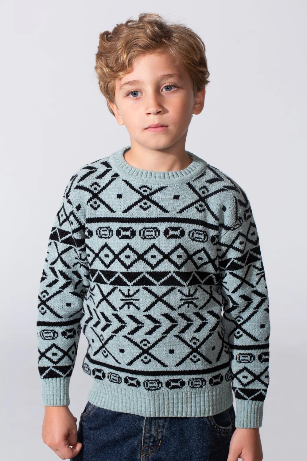 Boy's Printed Slim Fit Jakar Pullover With A Round Neck And Long Sleeves - Image 5