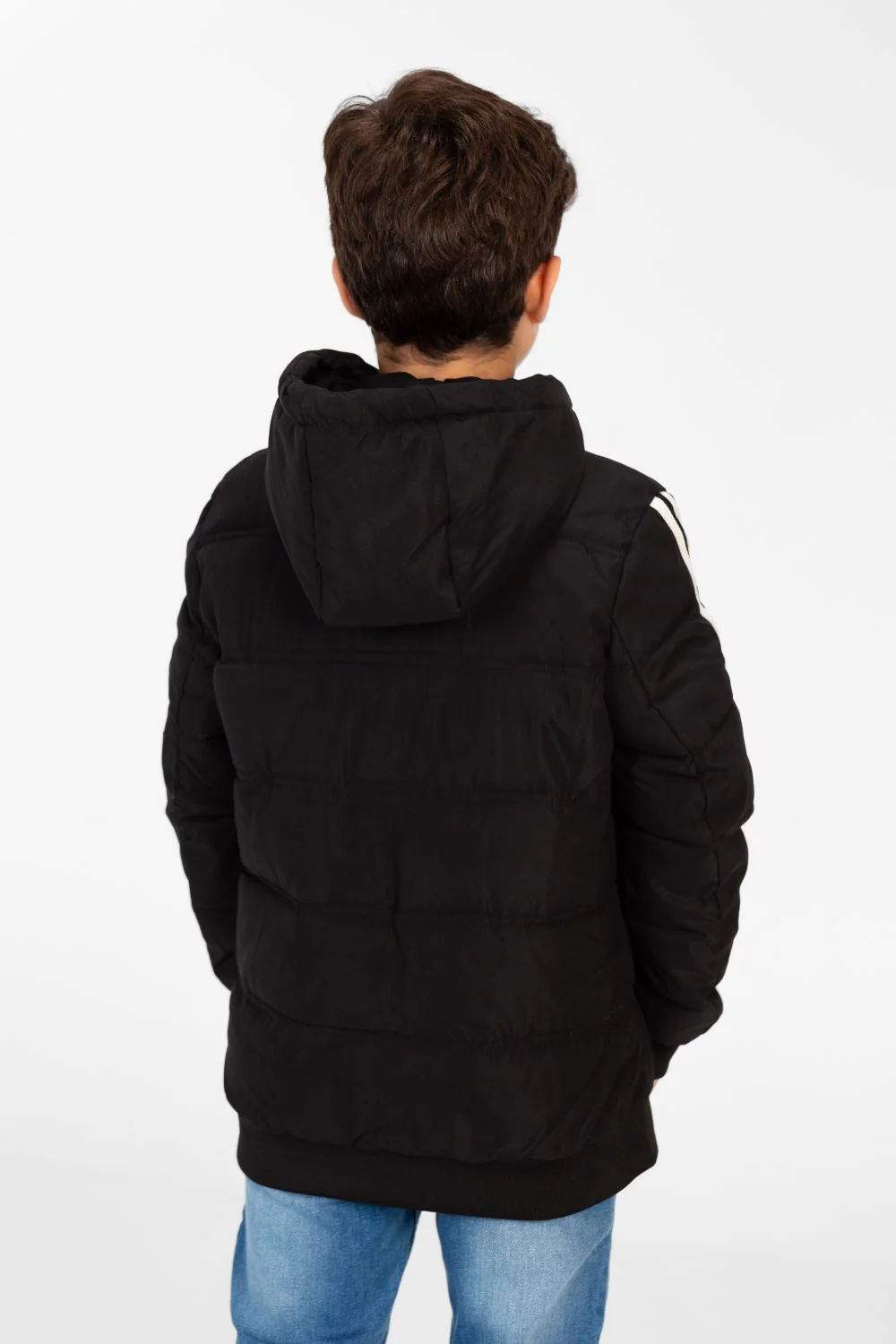 Boy's Puffer Jacket With Front Zipper And Striped Sleeves - Image 2