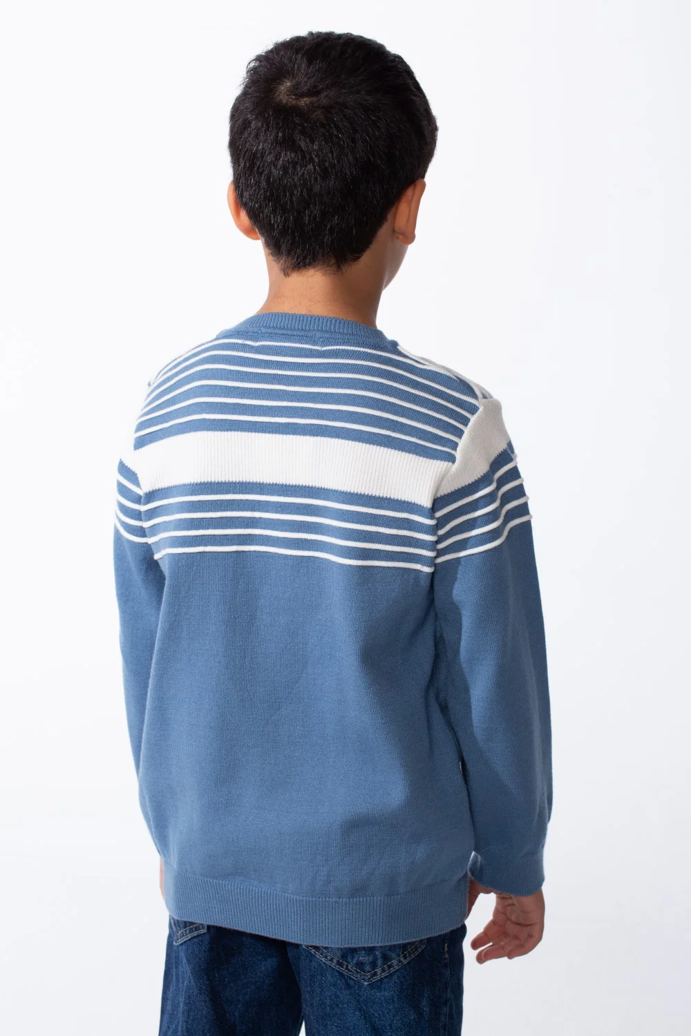 Boy's Refined Fine-Knit Yarn Fine And Bold Multi Stripe Design Slim Fit Pullover - Image 6