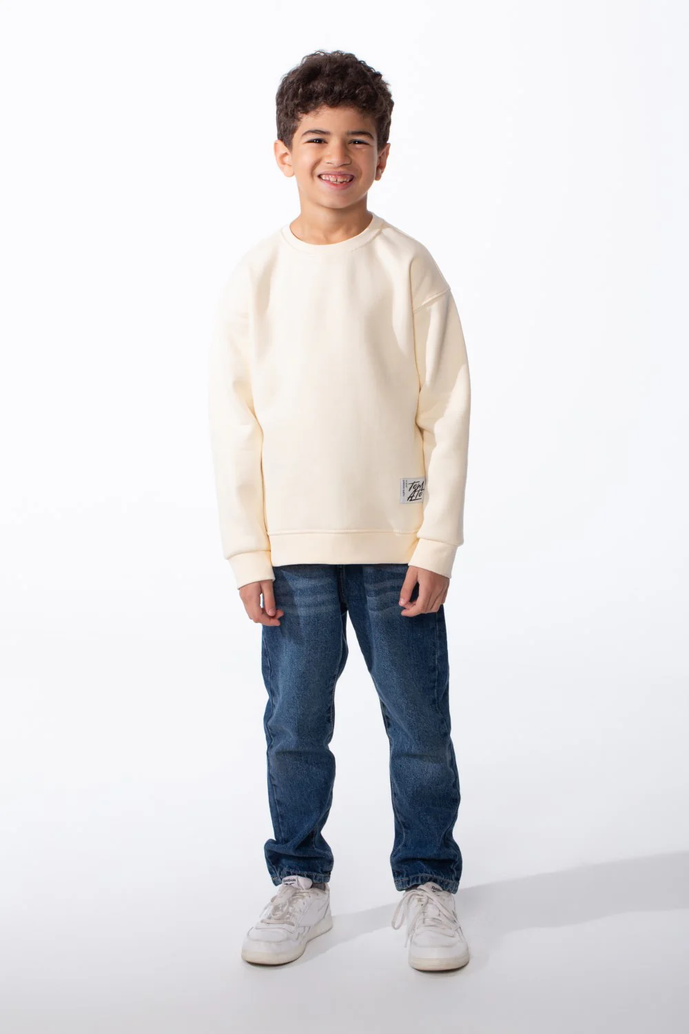 Boy's Ribbed Crew Neckline White Label Patch Dropped Shoulder Melton Slim Fit Sweatshirt - Image 16