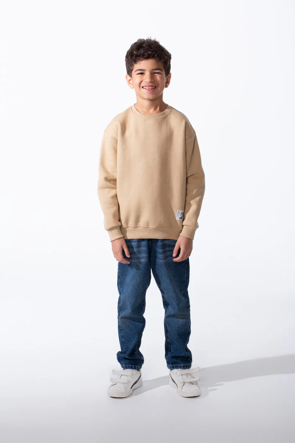 Boy's Ribbed Crew Neckline White Label Patch Dropped Shoulder Melton Slim Fit Sweatshirt - Image 3