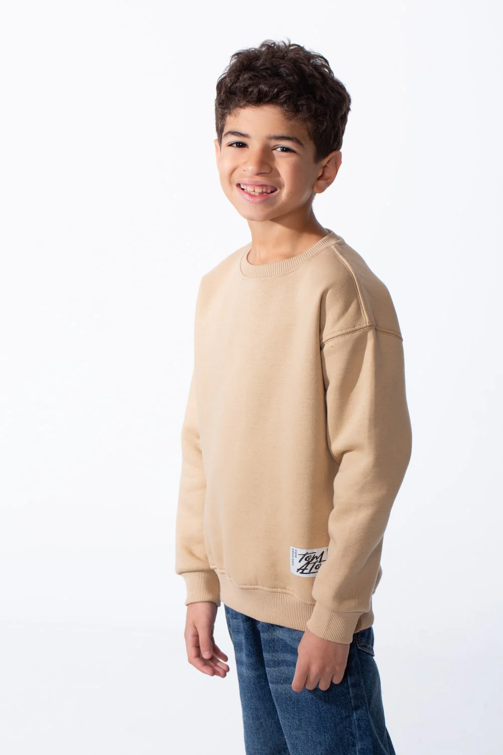 Boy's Ribbed Crew Neckline White Label Patch Dropped Shoulder Melton Slim Fit Sweatshirt - Image 4