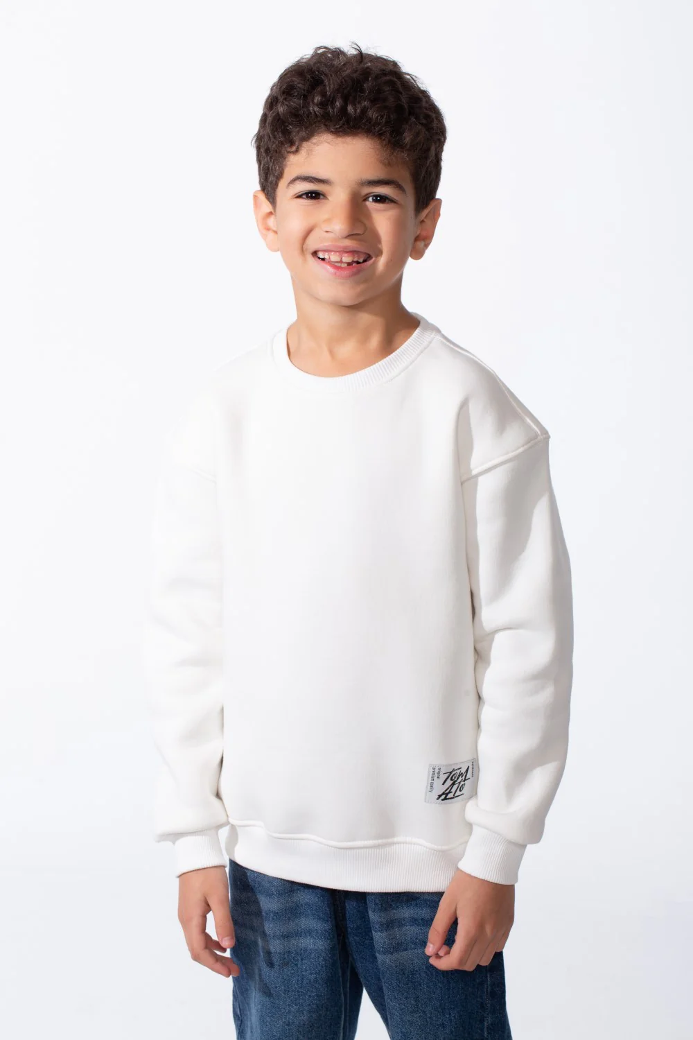 Boy's Ribbed Crew Neckline White Label Patch Dropped Shoulder Melton Slim Fit Sweatshirt - Image 41