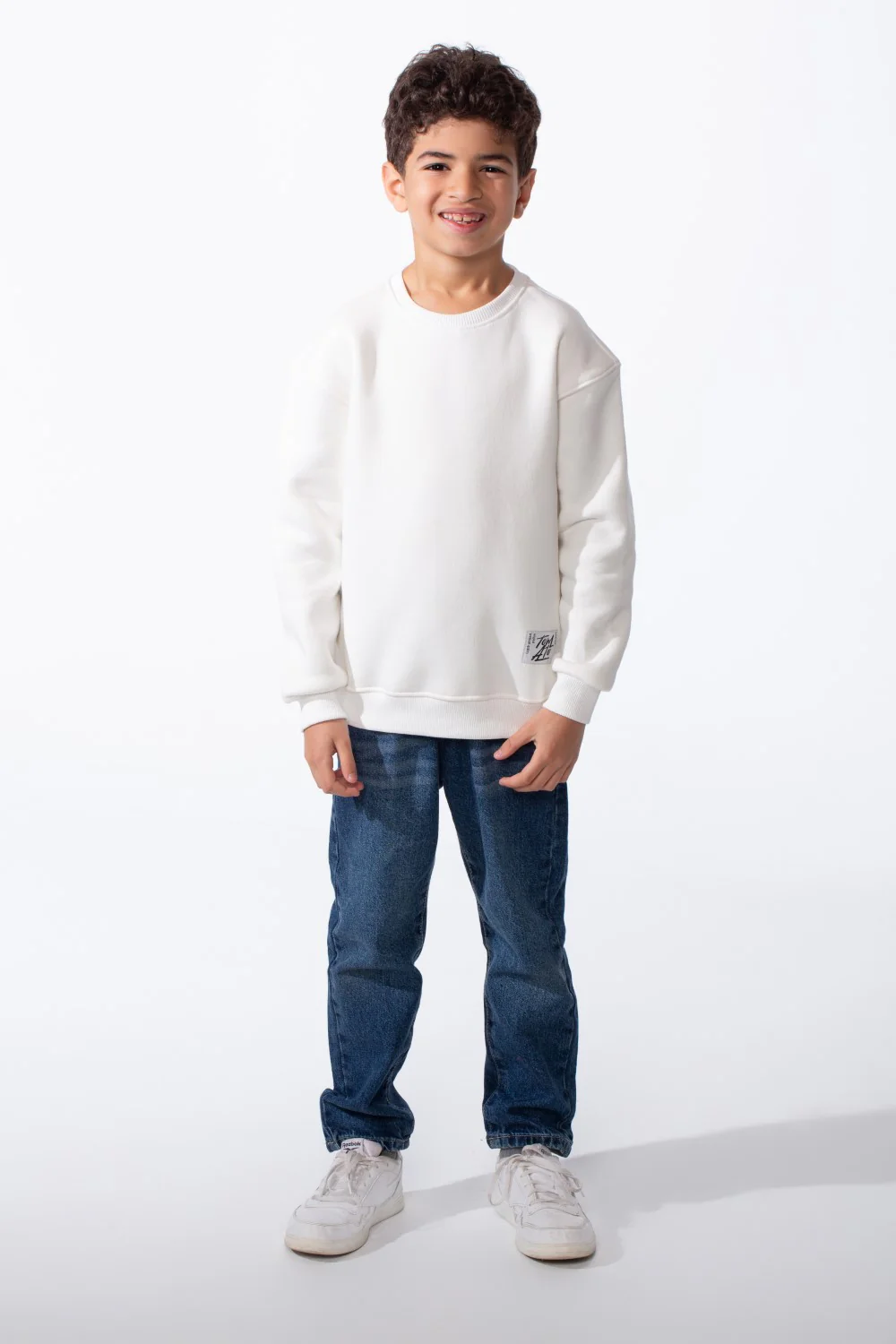 Boy's Ribbed Crew Neckline White Label Patch Dropped Shoulder Melton Slim Fit Sweatshirt - Image 43