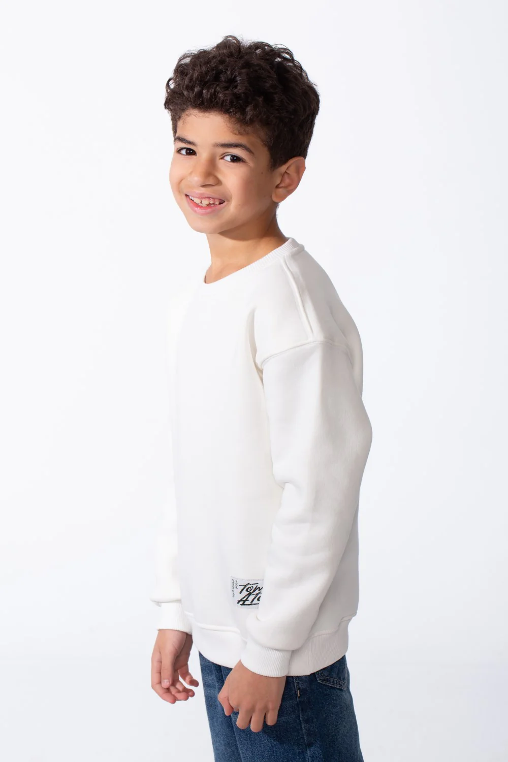 Boy's Ribbed Crew Neckline White Label Patch Dropped Shoulder Melton Slim Fit Sweatshirt - Image 44