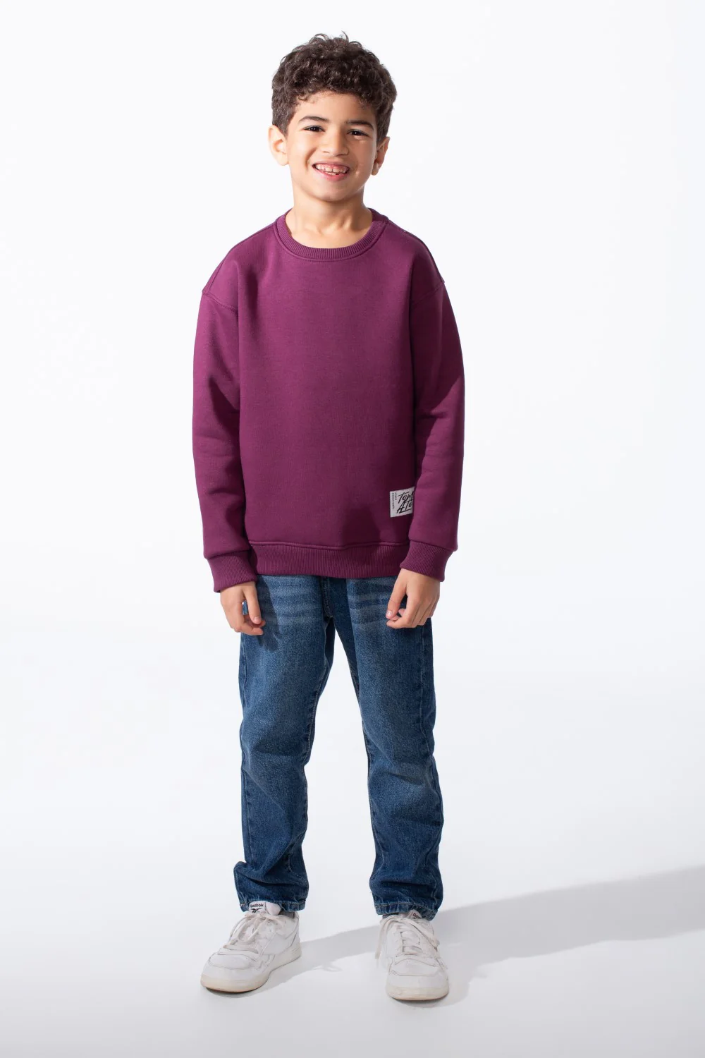 Boy's Ribbed Crew Neckline White Label Patch Dropped Shoulder Melton Slim Fit Sweatshirt - Image 47
