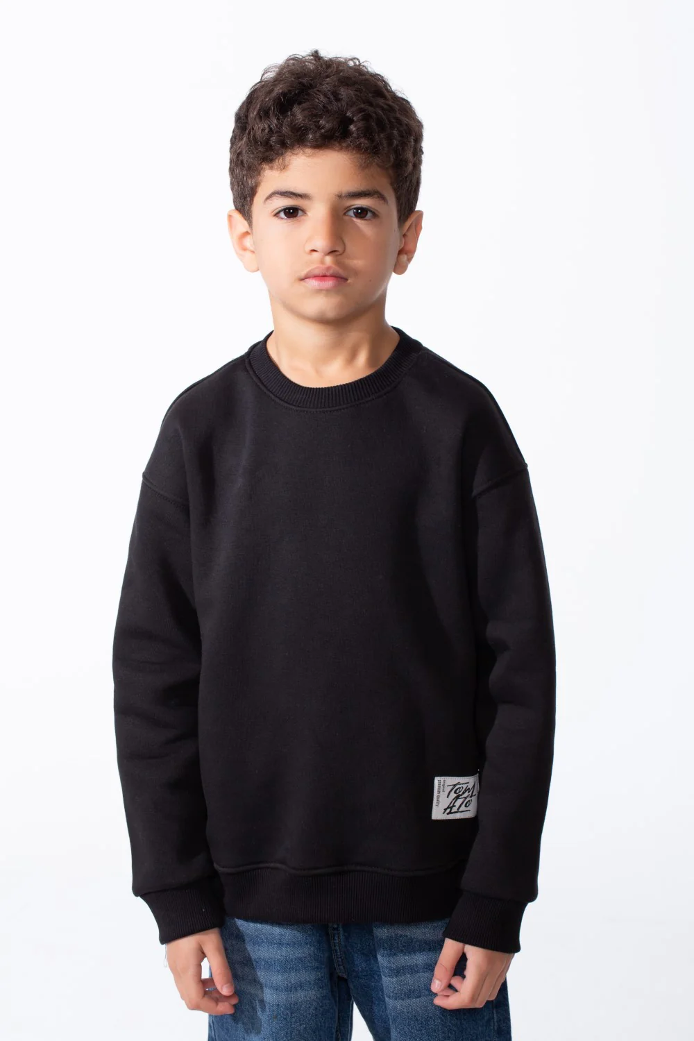 Boy's Ribbed Crew Neckline White Label Patch Dropped Shoulder Melton Slim Fit Sweatshirt - Image 5