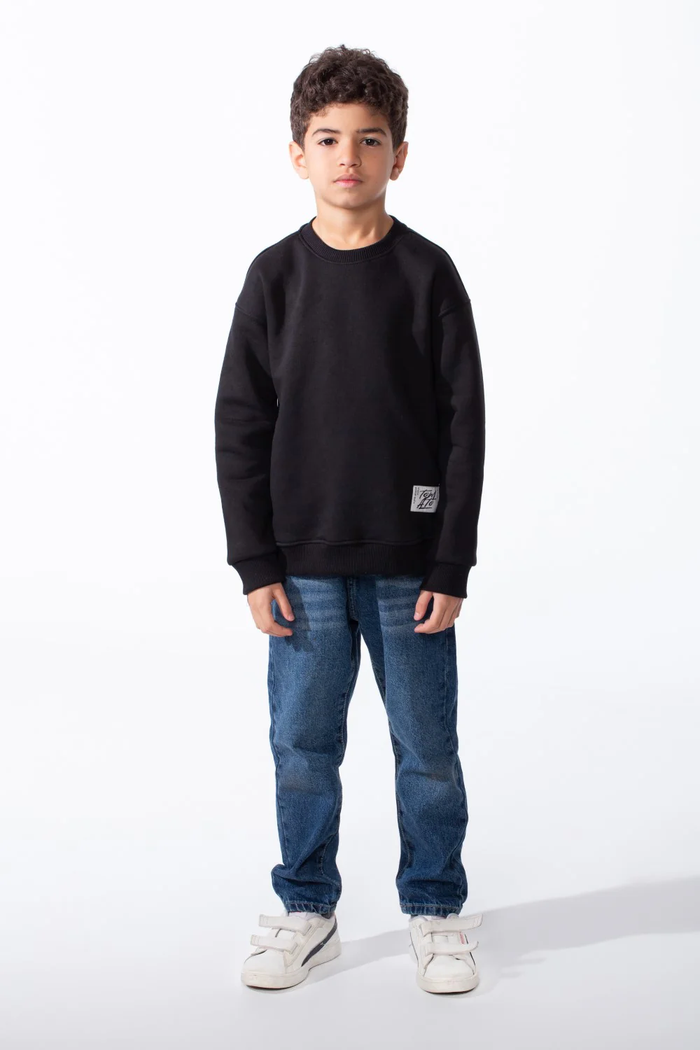 Boy's Ribbed Crew Neckline White Label Patch Dropped Shoulder Melton Slim Fit Sweatshirt - Image 7