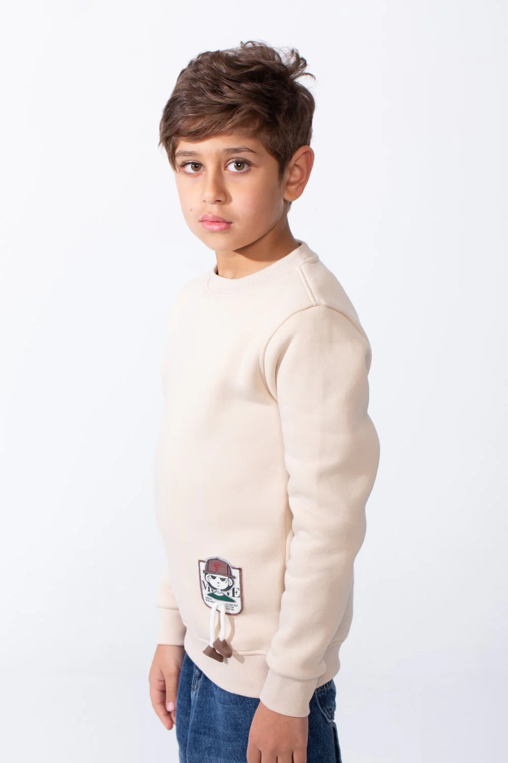 Boy's Slim Fit Melton Crew Neck Cartoon Patch Sweatshirt - Image 4