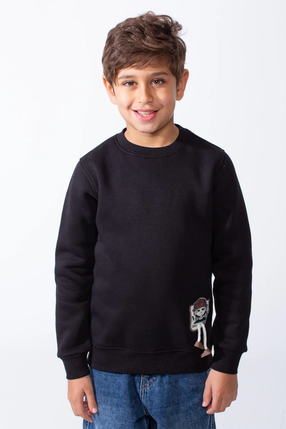 Boy's Slim Fit Melton Crew Neck Cartoon Patch Sweatshirt - Image 5