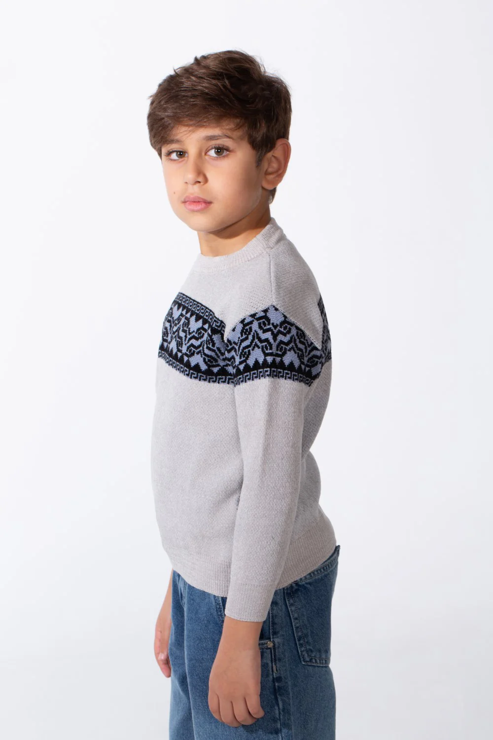 Boy's Slim Fit Modern Jakar Round Neck Pullover - Image 12