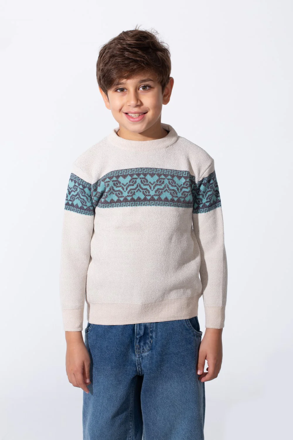 Boy's Slim Fit Modern Jakar Round Neck Pullover - Image 5