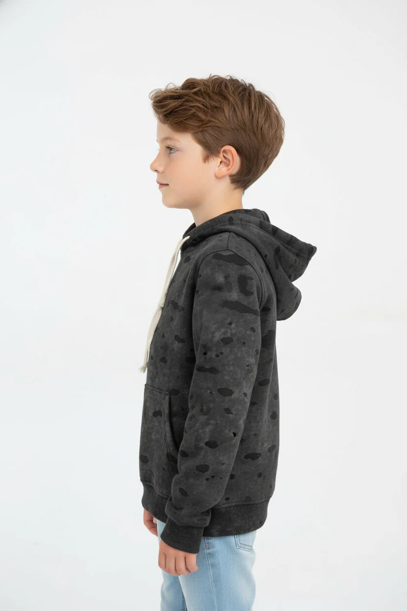Boy's Slim Fit Washed Hood Sweatshirt With Kangaroo Pocket And Long Sleeves - Image 3