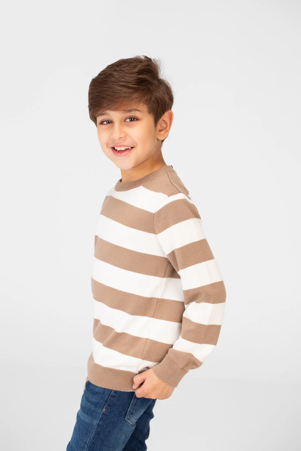 Boy's Striped Cotton Pullover Sweater With Round Neck And Long Sleeves - Image 3