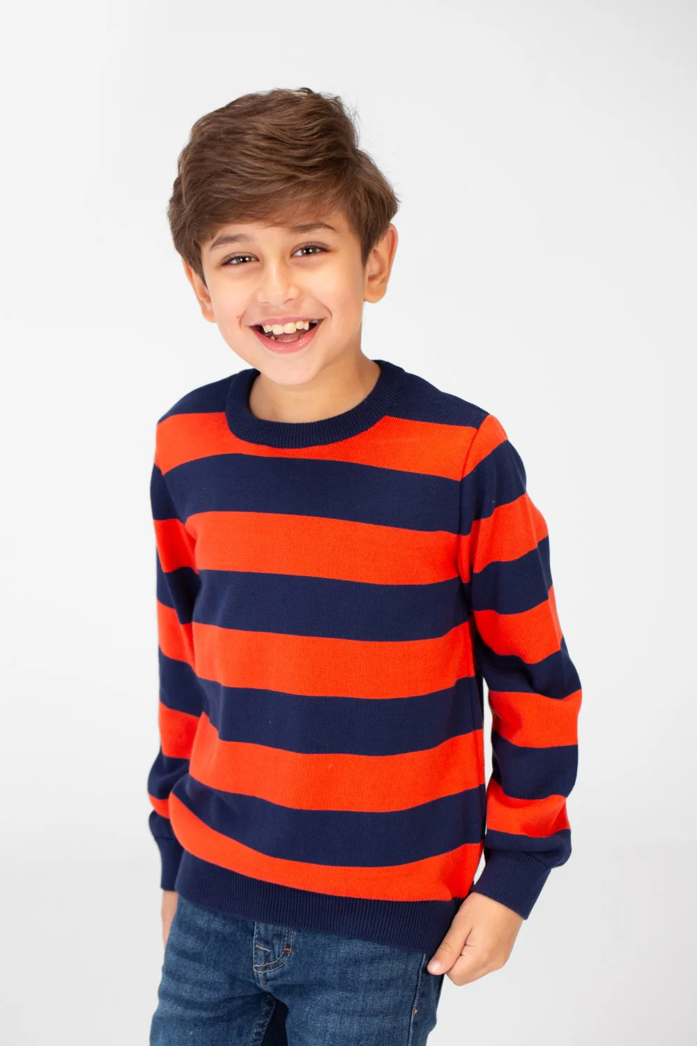 Boy's Striped Cotton Pullover Sweater With Round Neck And Long Sleeves - Image 9