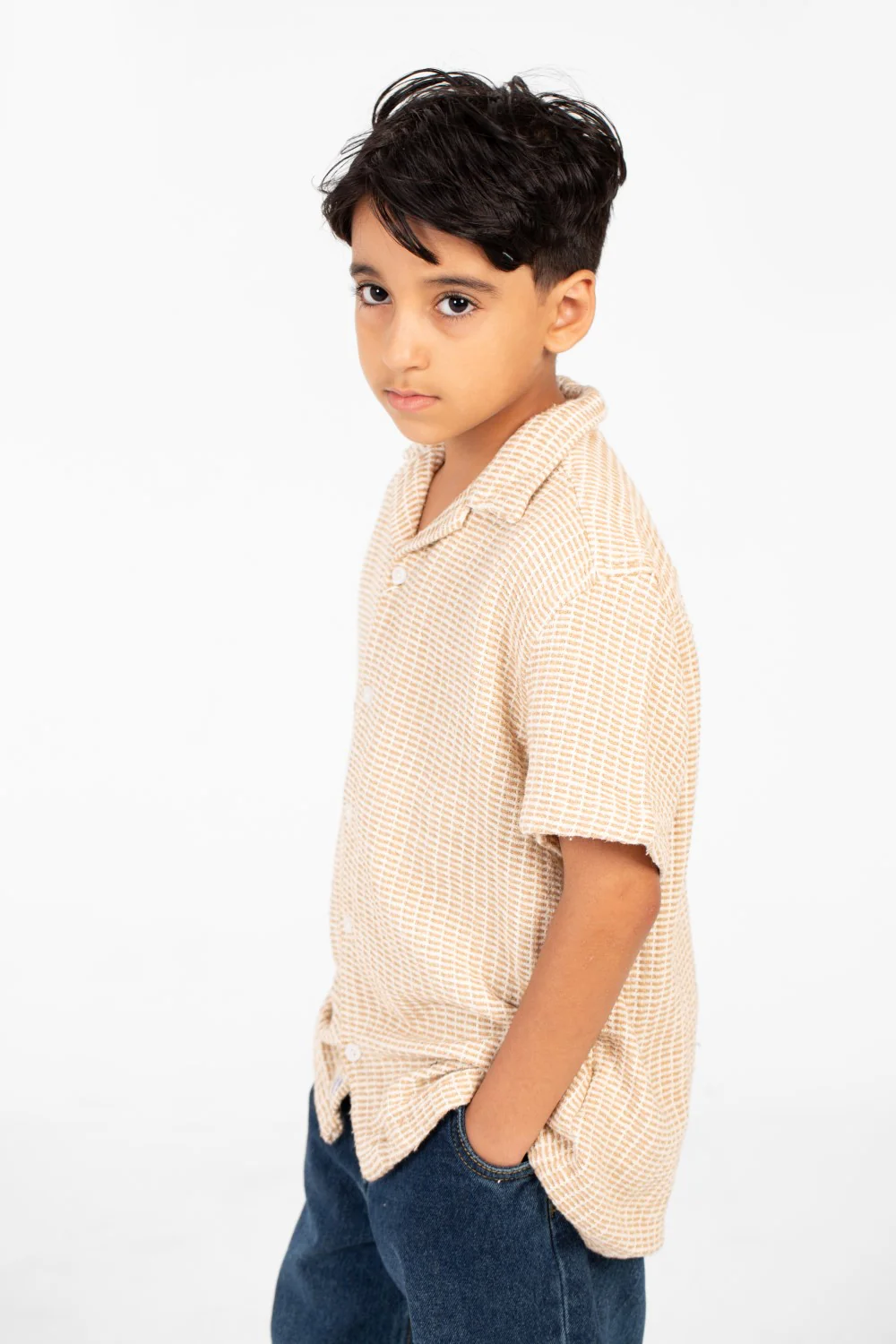 Boy's Tomato Linen Short Sleeve Shirt In Modern Design Beige - Image 3