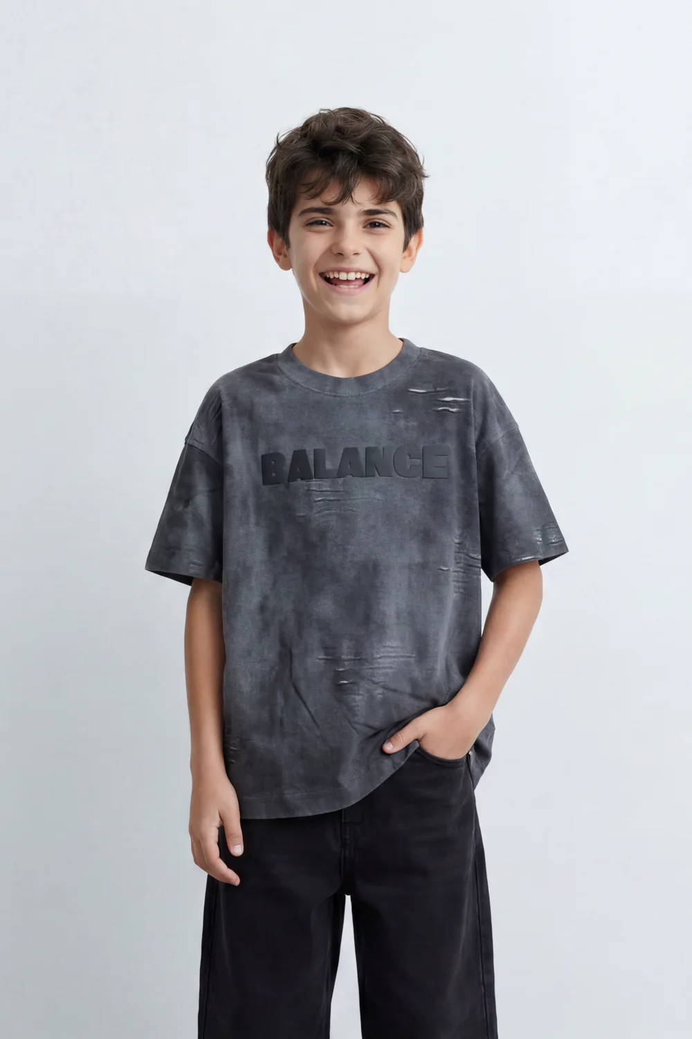 Boy's Tomato Store Balance Smoke T-Shirt Cloudy Acid Wash Texture Broken Scratch Marks Tonal Balance Chest Graphic Oversized