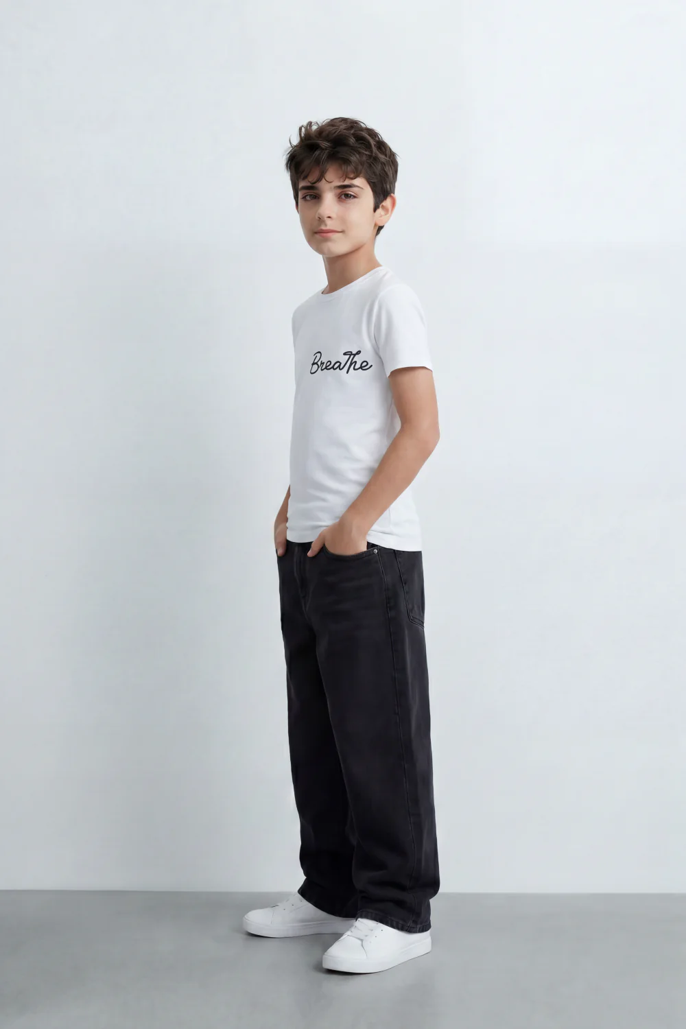 Boy's Tomato Store Breathe Deeply T-Shirt Knit Fabric Featuring Front Script Typography Print Lower Back Script Slim Fit - Image 12