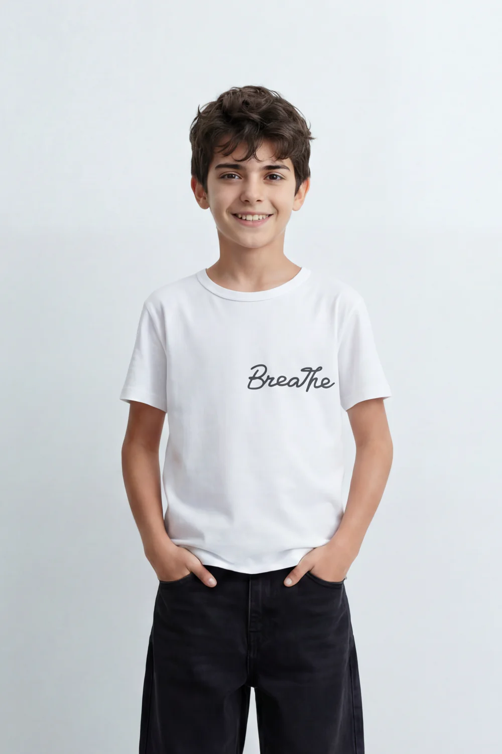 Boy's Tomato Store Breathe Deeply T-Shirt Knit Fabric Featuring Front Script Typography Print Lower Back Script Slim Fit - Image 9