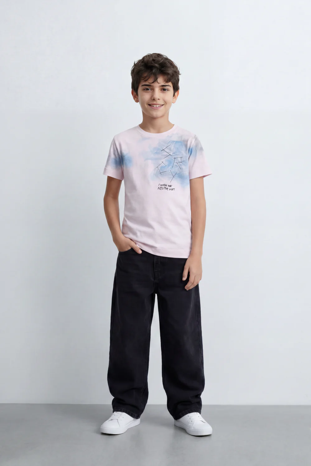 Boy's Tomato Store Cloud Sketch T-Shirt Slim Fit Summer Melton Knit Fabric Soft Airbrush Wash Effect Front Abstract Line Artwork Small Quote Print - Image 3