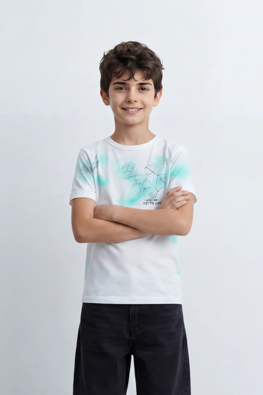 Boy's Tomato Store Cloud Sketch T-Shirt Slim Fit Summer Melton Knit Fabric Soft Airbrush Wash Effect Front Abstract Line Artwork Small Quote Print - Image 7