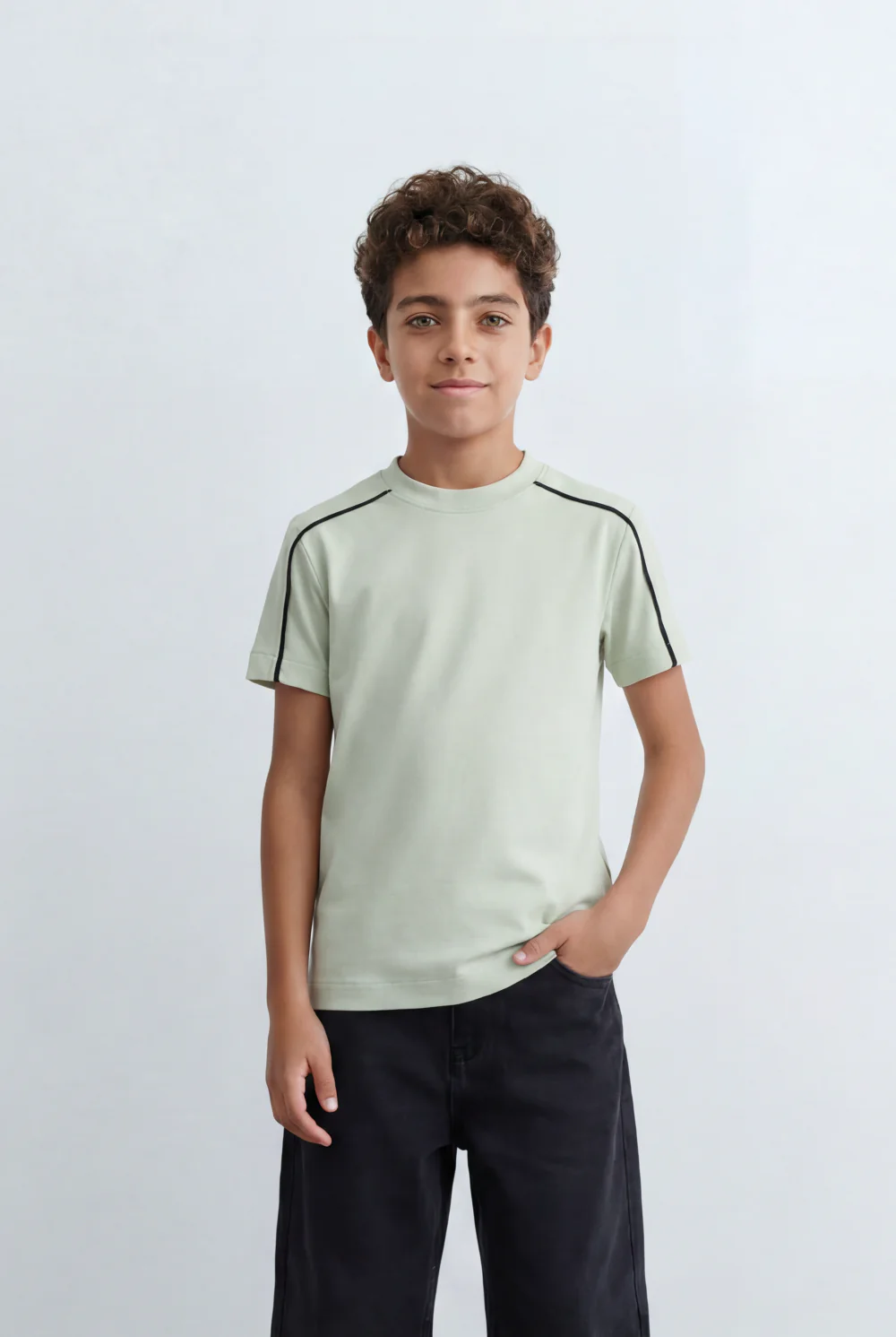 Boy's Tomato Store Minimal Contrast Trim T-Shirt Clean Athletic Inspired Design Shoulder Piping Detail - Image 9