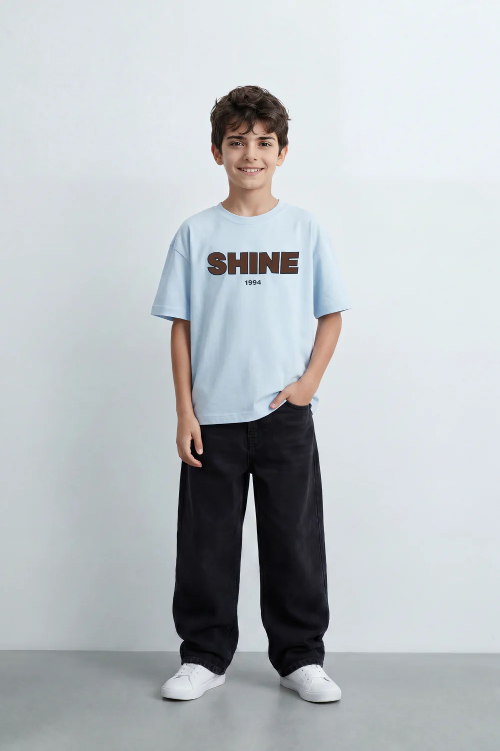 Boy's Tomato Store Shine Club T-Shirt Clean Plain Body Front Bold Shine Typography Print Shadow Fill Effect Small 1994 Detail Oversized - Image 3