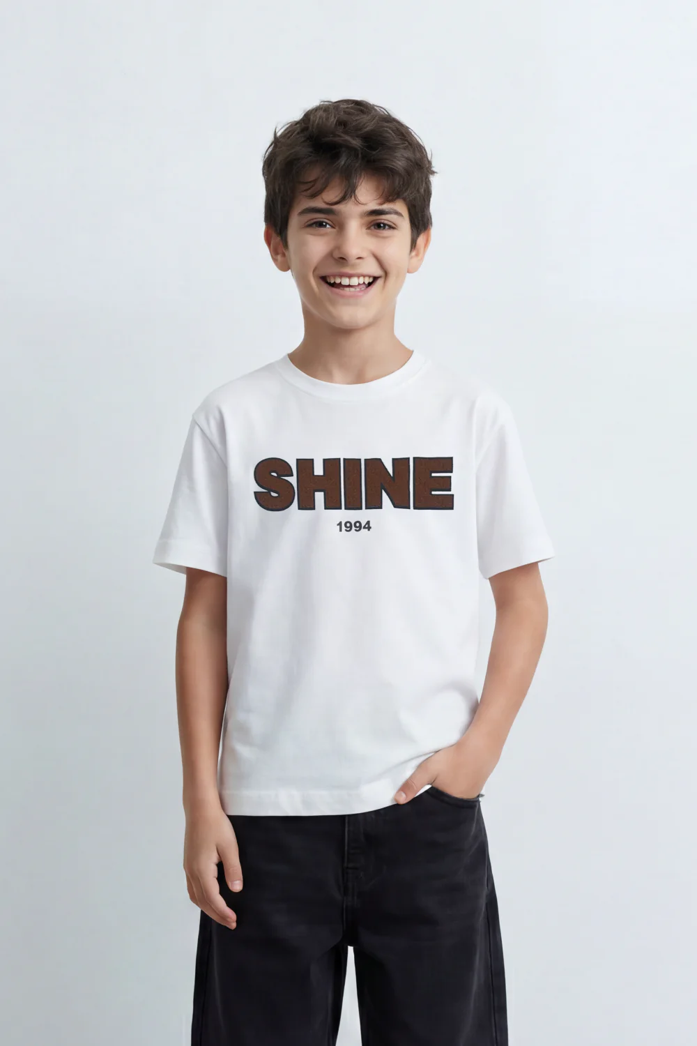 Boy's Tomato Store Shine Club T-Shirt Clean Plain Body Front Bold Shine Typography Print Shadow Fill Effect Small 1994 Detail Oversized - Image 9