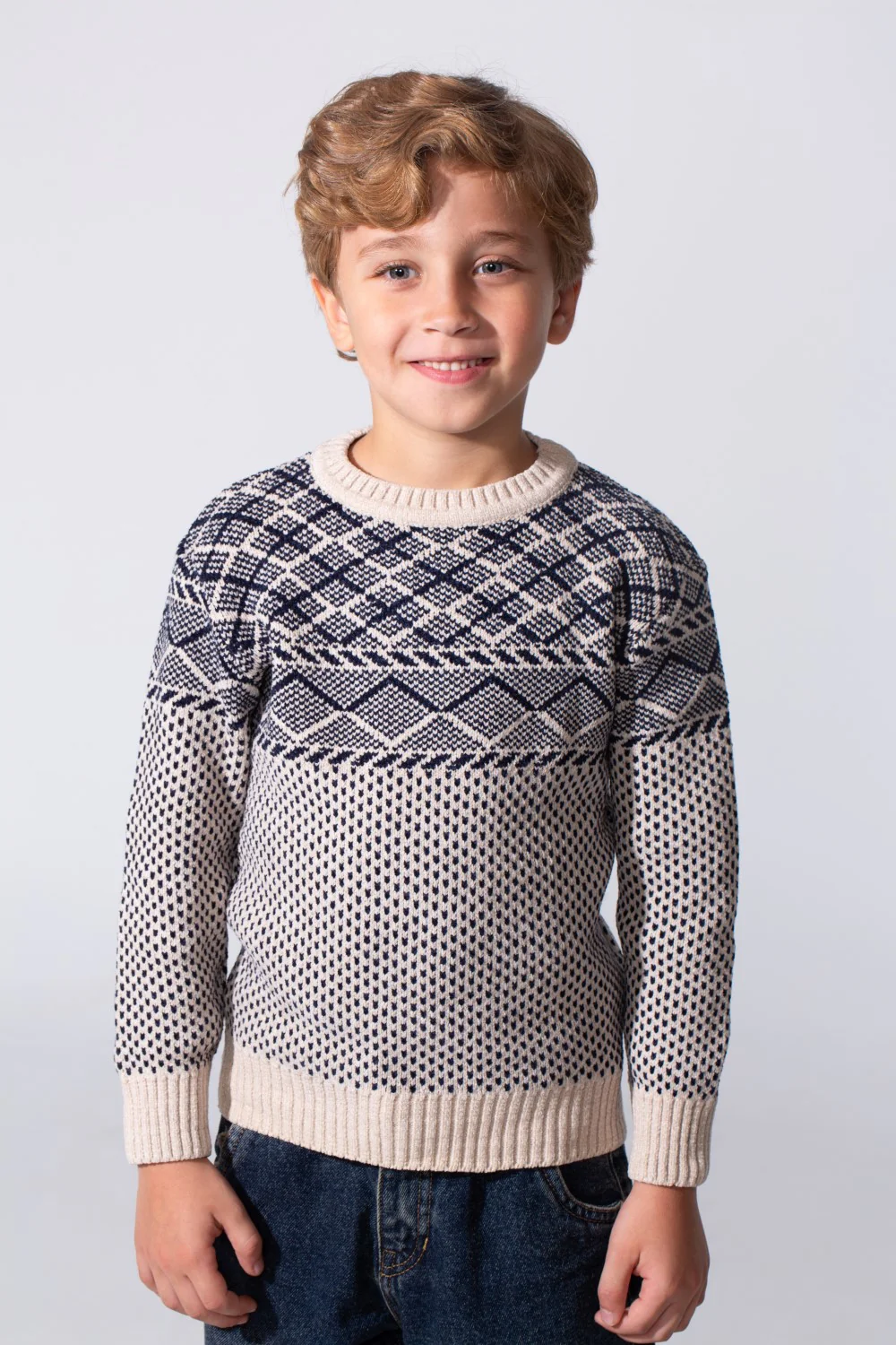 Boy's Tomato Store Texture Knit Ribbed Trims Classic Crew Neckline Geometric Pattern Pullover