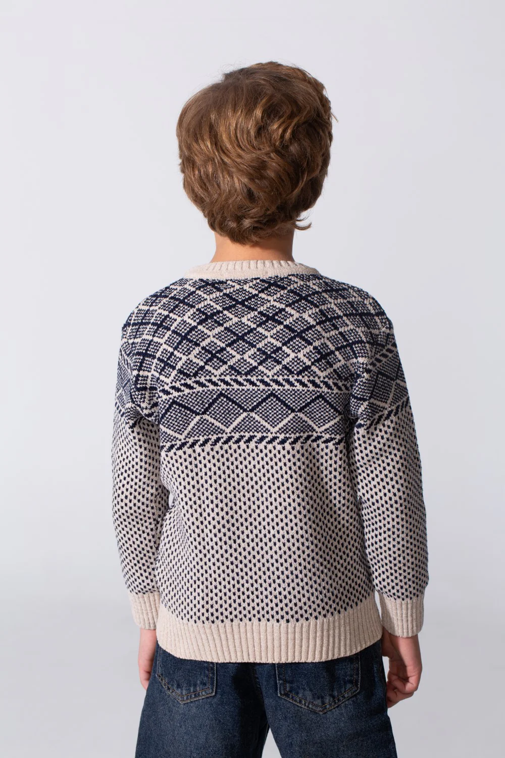 Boy's Tomato Store Texture Knit Ribbed Trims Classic Crew Neckline Geometric Pattern Pullover - Image 2