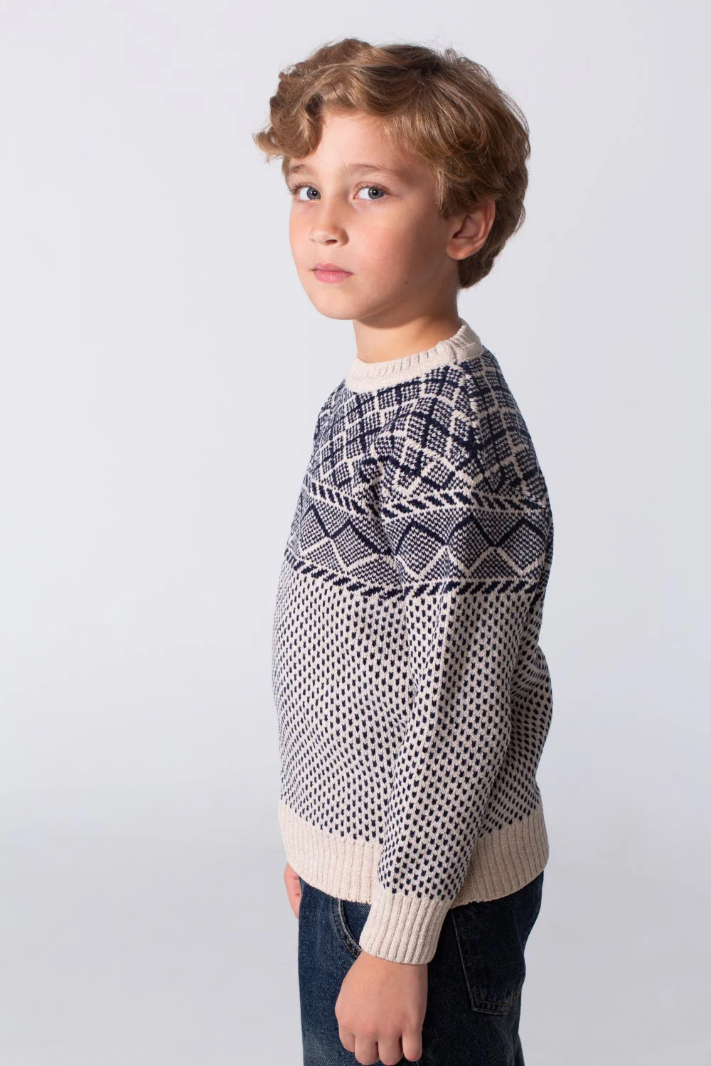 Boy's Tomato Store Texture Knit Ribbed Trims Classic Crew Neckline Geometric Pattern Pullover - Image 4